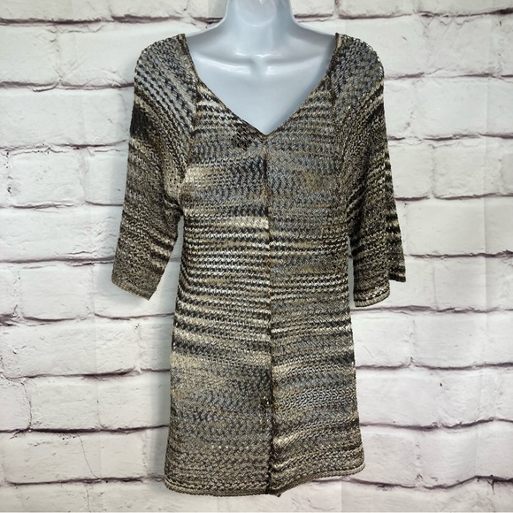 United States Sweater Brown Beige Black SZ L Tunic EUC V Neck Open Weave - Picture 2 of 9